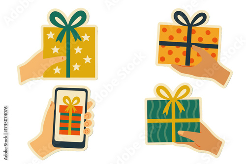 Set of retro stickers with hands holding gift boxes. Flat collage cutout style for greeting cards. Concept for online shopping, e-commerce, delivery with a phone. Holiday present.