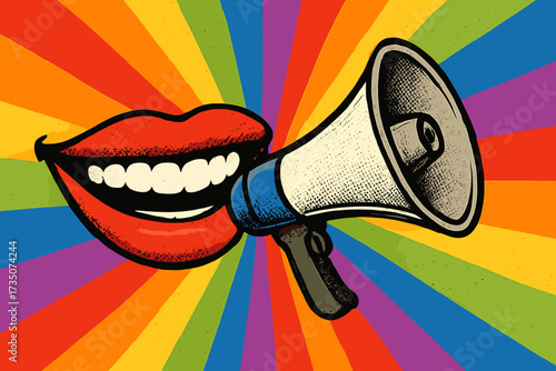 Mouth shouting in megaphone on LGBT rainbow background. Pop art vector for pride month. Freedom of speech, protest, gay rights and equality concept. Halftone collage illustration.