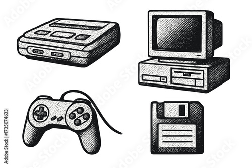 Retro video game console, 90s PC computer, gamepad, floppy disk icon set. Nostalgic gaming hardware collection in halftone texture. Old school vintage electronics vector.