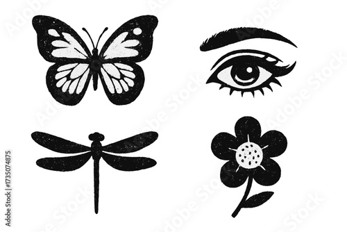 Trendy Y2K grunge vector elements set with retro photocopy effect, rough textured butterfly, eye, dragonfly, flower illustrations for collage, black and white design