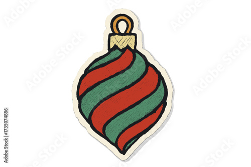 Twisted Christmas tree bauble ornament, festive red and green striped holiday decoration, torn paper collage style sticker, cutout magazine vector cartoon illustration