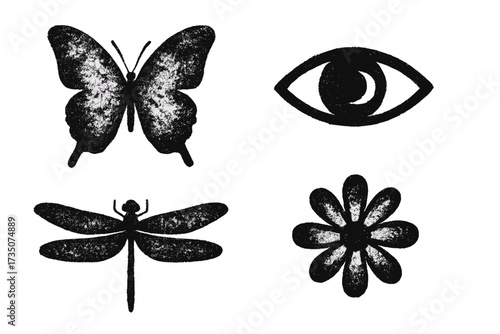 Trendy Y2K grunge elements set with retro photocopy effect, rough textured butterfly, eye, dragonfly, flower collage design, vintage style vector black and white illustration