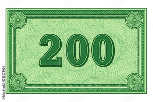 Green 200 Banknote Voucher Template with Guilloche Pattern, Watermarks, Border Design, Currency Note, Money Background, Gift Certificate, Coupon, Diploma Vector