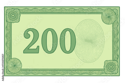 Green 200 banknote voucher template with intricate guilloche pattern, watermarks, decorative border, currency design, gift coupon, money background, diploma style, financial note