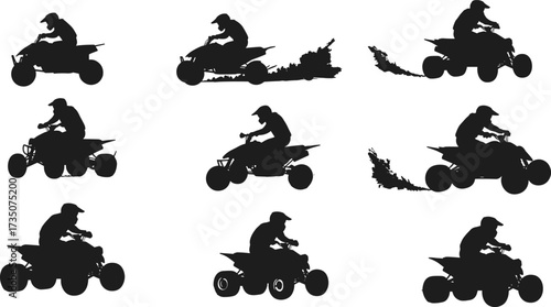 ATV quad bike silhouette, off road rider illustration, four wheeler vehicle design, extreme sport vector, outdoor adventure graphic, black icon