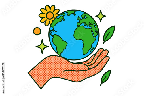 Earth Day banner with hand holding planet Earth, modern halftone collage, Earth care illustration, environmental protection concept, April 22 celebration, vector cartoon design