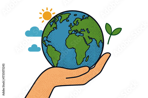 World Earth Day banner, modern vector collage with halftone effect, hand holding planet Earth illustration, April 22 environmental holiday, green nature, eco awareness concept