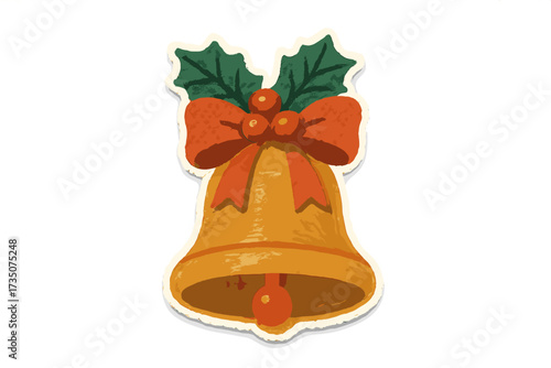 Vintage Christmas bell with red bow and holly leaves, torn paper sticker style, naive halftone collage vector illustration, festive holiday decoration with transparent background