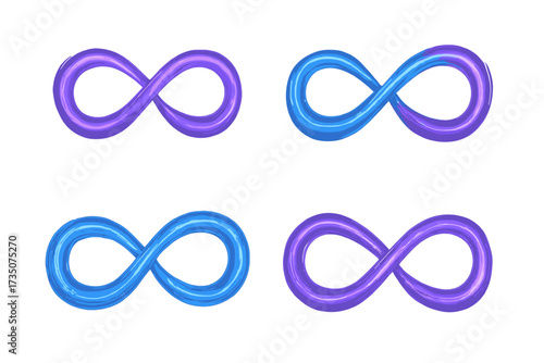 Shining purple and blue infinity symbols, bright violet and blue glowing signs, dynamic scintillating lines, vector cartoon illustration, design elements, abstract endless loop concept