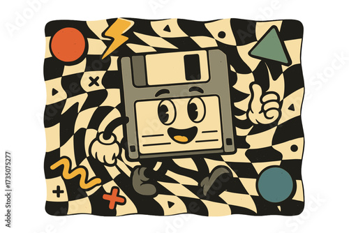 Retro cartoon floppy disk character. Funny 90s vintage comic mascot on a psychedelic distorted checkered background. Old computer technology nostalgia vector illustration concept.
