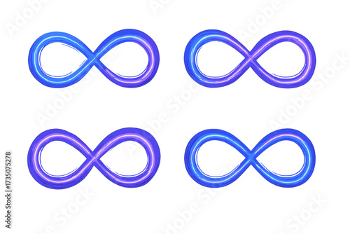 Shining purple and blue infinity symbols with bright violet and blue dynamic scintillating lines, glowing vector cartoon illustration design elements for modern concepts