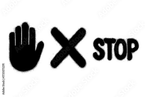 Stop sign graffiti vector set. Hand symbol, cross X mark, and word isolated. Spray paint stencil effect. Urban street art elements for warning, prohibition, or protest.