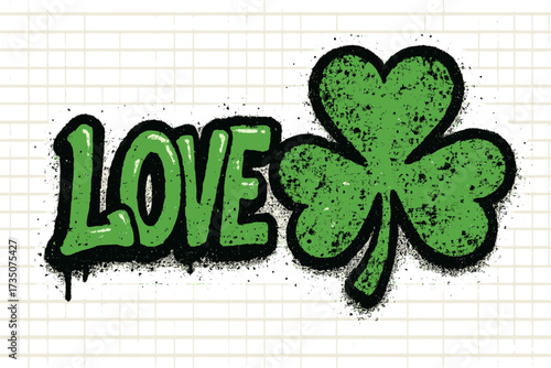 Grunge graffiti word LOVE with textured green shamrock clover leaf symbol, St Patrick's Day celebration, Irish holiday art, Y2K style vector design element