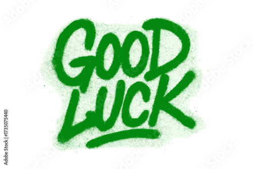 Urban graffiti spray art "Good Luck" in vibrant green with overspray effect, isolated street lettering design celebrating St. Patrick's Day, textured vector typography