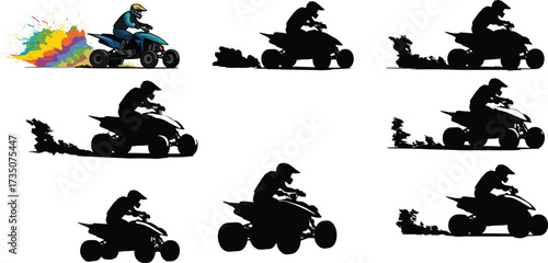 ATV quad bike silhouette, off road rider vector, extreme sport illustration, four wheeler design, black and white adventure graphic