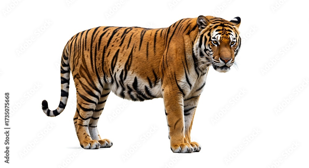 Obraz premium Majestic tiger stands proudly showcasing vibrant fur pattern isolated