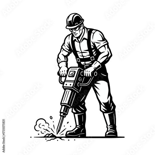 Construction worker using jackhammer to break pavement  