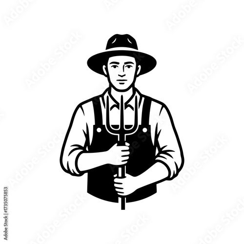 Male farmer holding pitchfork and wearing hat in black silhouette  