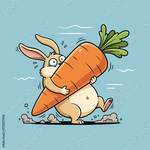Cartoon rabbit struggling to quickly carry a large carrot against a simple blue background