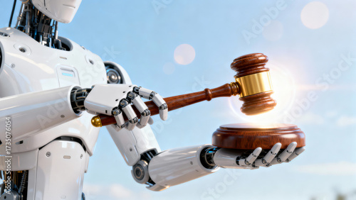 Robot holding gavel symbolizes social media law and artificial intelligence regulation concept