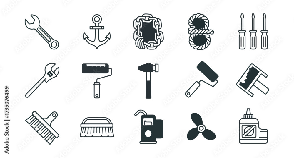 Obraz premium Collection of various tools and equipment icons on black background