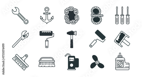 Collection of various tools and equipment icons on black background