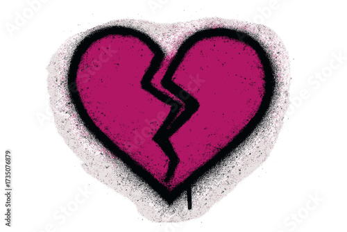 Spray painted urban graffiti broken heart icon. Textured street art symbol of love break, heartache, and divorce. Vector illustration of sadness, pain, and separation. Grunge.