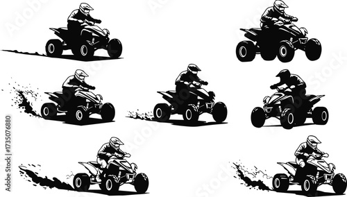 ATV rider silhouette set, quad bike racing design, off road adventure illustration, extreme motorsport action, four wheeler vehicle vector graphic