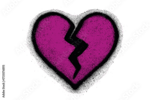 Broken heart graffiti icon. Urban street art style spray paint symbol of heartbreak and lost love. Textured magenta and black vector design. Sadness, breakup, emotional pain concept.