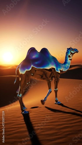 Majestic Camel Walks Through Desert Dunes at Sunset.