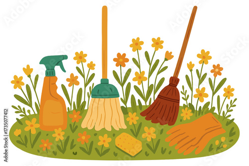 Spring cleaning concept with tools in a flower field. Flat vector illustration background. Mop, broom, spray for house cleaning service, chores, hygiene, and domestic work.