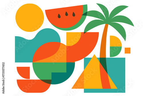 Summer geometric abstract art with watermelon, palm tree, and sun. Retro modern minimalist design with vibrant colors and overlay effect for poster, banner or card concept.