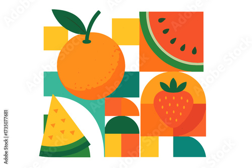 Summer fruit geometric composition. Modern abstract vector art with orange, watermelon, strawberry. Retro minimalist background for poster, banner, card or fresh juice label.