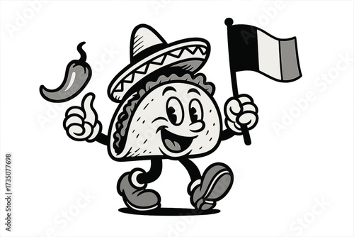 Taco retro cartoon mascot logo. Mexican food character in sombrero holding a flag and chili pepper. Happy Latin American fast food symbol. Hand drawn vector illustration.