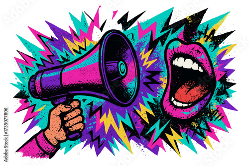 Megaphone announcement concept. Loudspeaker and screaming mouth. Crazy promo, sale design. Retro y2k pop art vector illustration. 80s, 90s vintage urban graffiti style.
