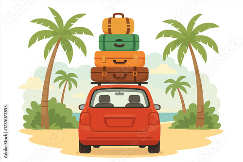 Red car with luggage on the roof at the beach. Summer vacation road trip concept. Automobile journey to a tropical coast with palm trees. Travel and tourism adventure vector.