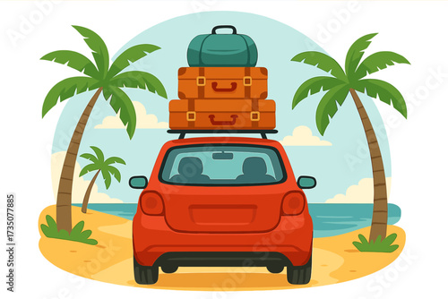 Red car with luggage on the roof parked at a tropical beach with palm trees. Concept for summer vacation, road trip, travel, tourism, and adventure. Flat vector illustration.