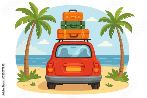 Summer road trip adventure. Red car with a pile of suitcases on the roof rack at a tropical beach. Concept for vacation, tourism, and travel to a seaside paradise with palm trees.