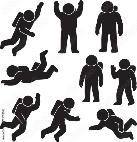 Astronaut Silhouette Set in Space: A set of minimalist silhouettes depicts astronauts in various poses, evoking a sense of exploration, adventure, and the boundless possibilities of space travel.
