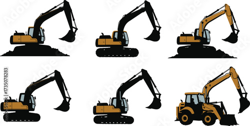 Excavator and backhoe loader working, heavy construction machinery illustration, industrial earthmoving vehicle, building site digger, construction equipment for excavation