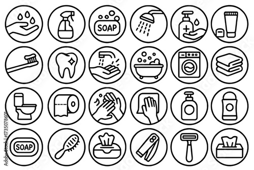 Icon Sheet, Icon pack, Cleanliness theme, outline version, with round frames