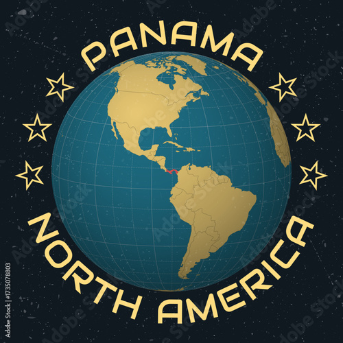 Republic of Panama on Globe. Country name round text. Vintage look with grunge scratched texture. Country view on world map in Sky Blue Light Yellow color palette. Panama shape on map.
