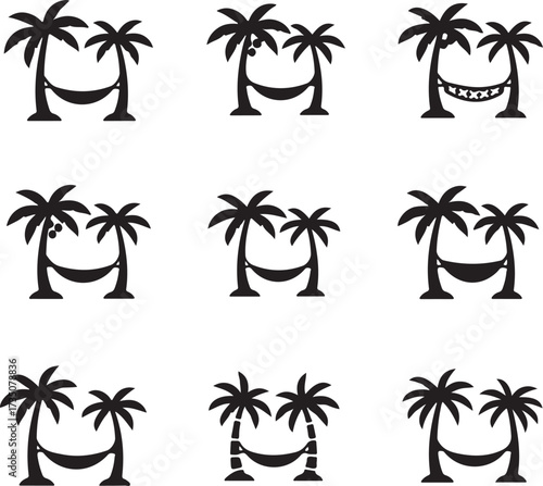 Palm Tree Hammock Icon Set: A collection of stylized palm tree and hammock icons, perfect for conveying a sense of relaxation, vacation, and tropical paradise.