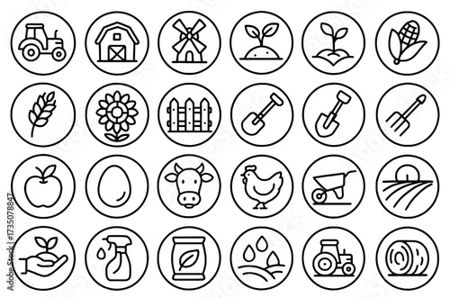 Icon Sheet, Icon pack, Agriculture theme, outline version, with round frames