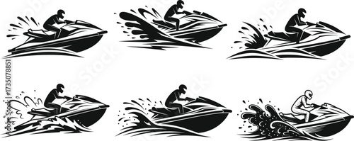 Jet ski rider silhouette illustration, water sports action clipart, extreme boating design, summer ocean adventure graphics, speed splash racing 