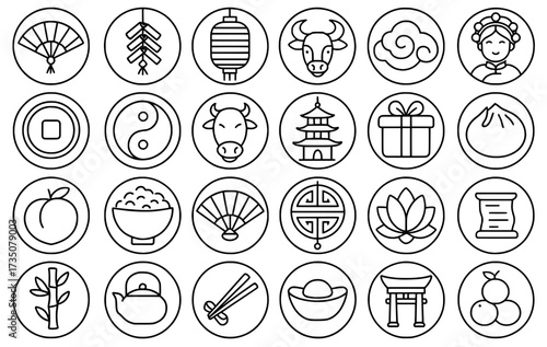 Icon Sheet, Icon pack, Chinese theme, outline version, with round frames
