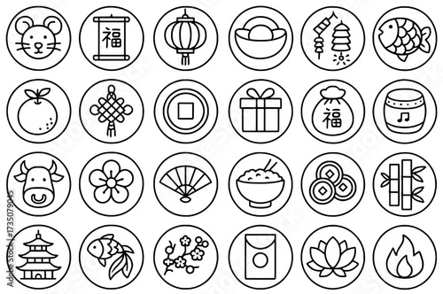 Icon Sheet, Icon pack, Chinese New Year theme, outline version, with round frames