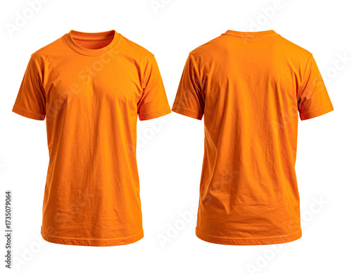 Front and back view of a plain, vibrant orange short-sleeved t-shirt on black