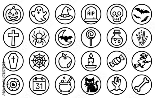 Icon Sheet, Icon pack, Halloween theme, outline version, with round frames