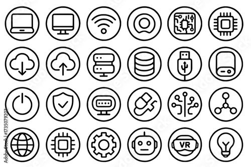 Icon Sheet, Icon pack, Technology theme, outline version, with round frames